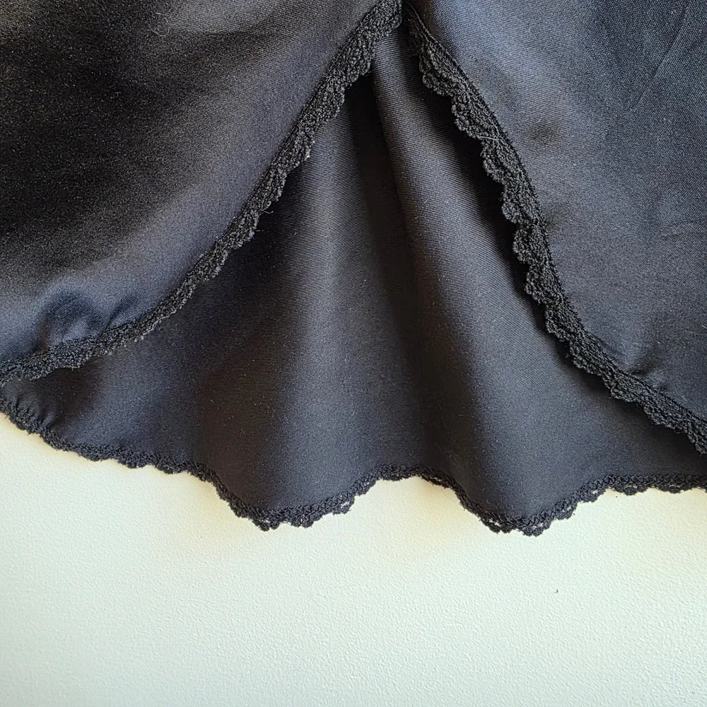Vintage Black Satin Lace Chemise Nightgown Red Floral Trim Goth Vampy Slip Dress